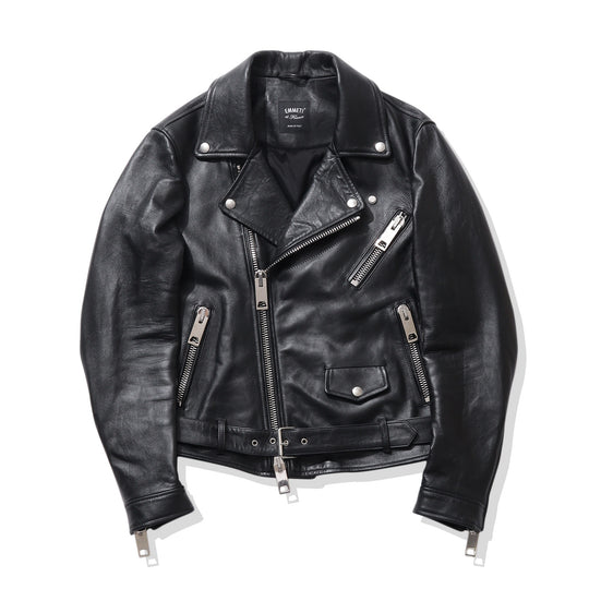 干場別注モデル JUSTIN ダブルライダースジャケット ナッパレザー ブラック