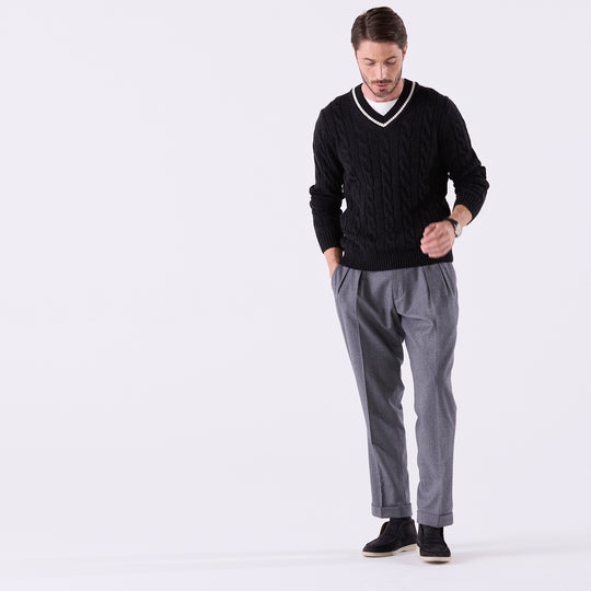 【数量限定受注販売】tradi:カシミヤシルクケーブル編みプルオーバー チャコールグレー