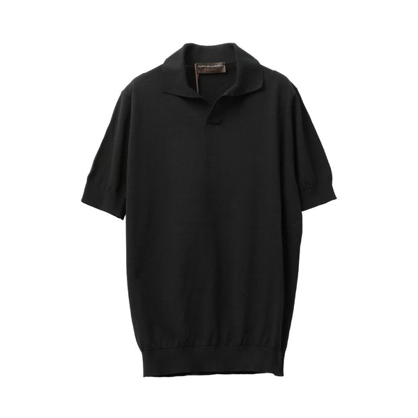 LARDINI ブラック コットン　ショートスリーブポロシャツ クレープコットン ショートスリーブ スキッパーポロ ブラック