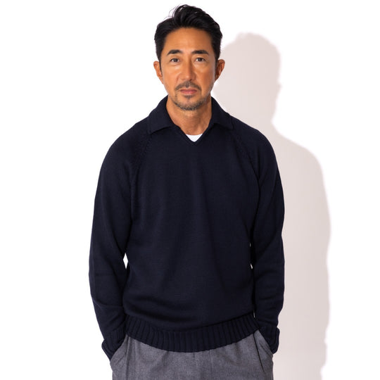 ZANONEメリノウールスキッパー型ポロ ネイビー