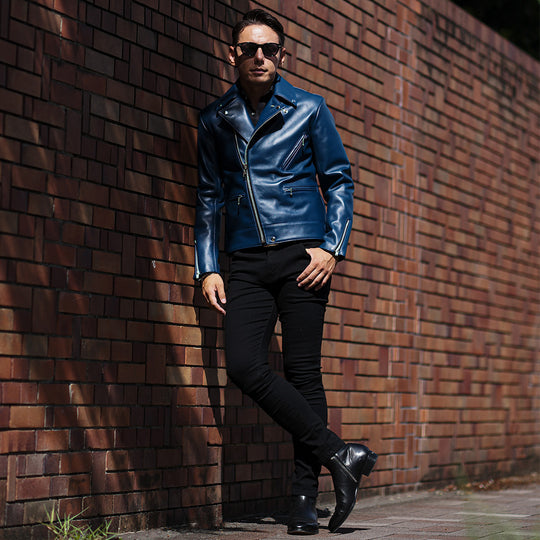 Noah カーフレザー ダブルライダース ネイビー