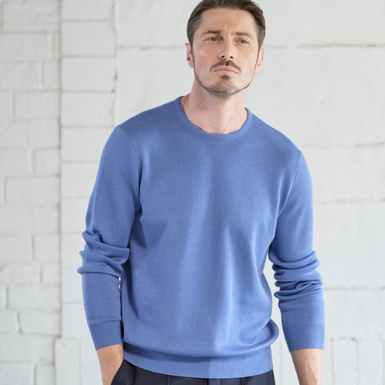 lusso クルーネックセーター18Gスムース シエラブルー