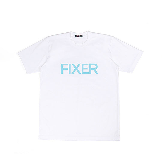 プリントクルーネックTシャツ ホワイト×サックス
