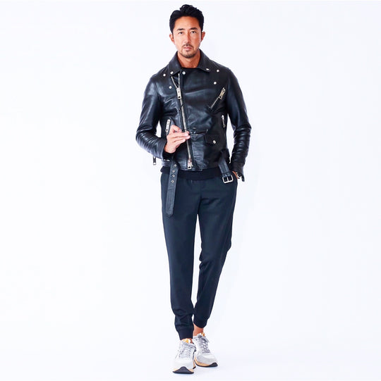 干場別注モデル JUSTIN ダブルライダースジャケット ナッパレザー ブラック