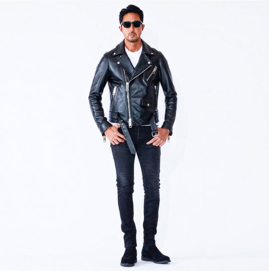 干場別注モデル JUSTIN ダブルライダースジャケット ナッパレザー ブラック