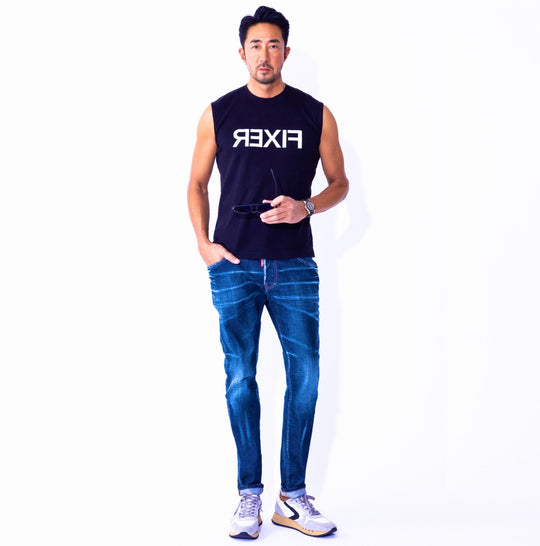 【干場愛用】 リバースプリント ノースリーブ Tシャツ BLACK