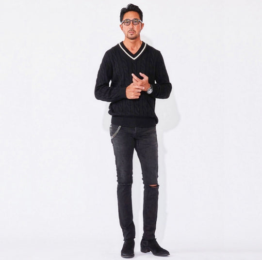 【数量限定受注販売】tradi カシミヤシルクケーブル編みプルオーバー ブラック