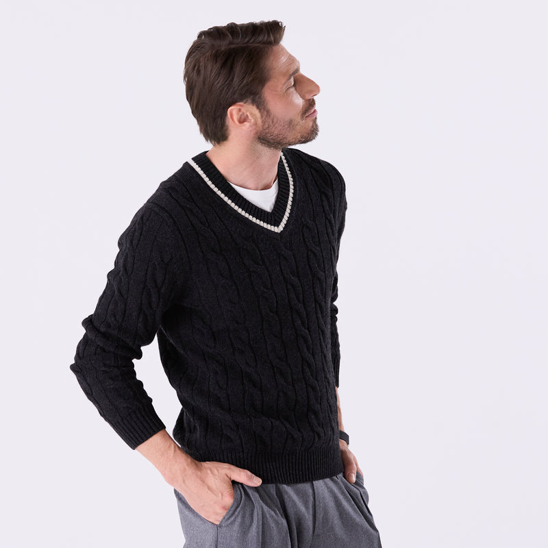 【数量限定受注販売】tradi：カシミヤシルクケーブル編みプルオーバー チャコールグレー