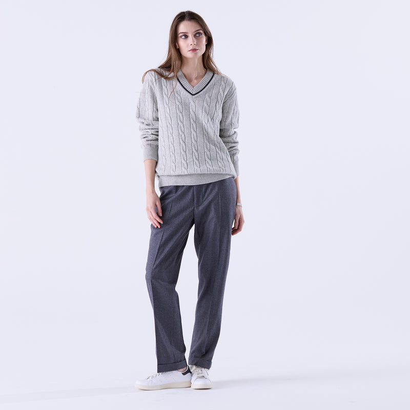 tradi ラムズウールケーブル編みプルオーバー シルバーグレー