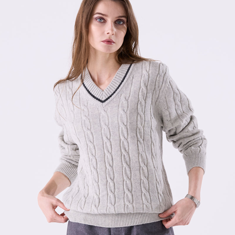 tradi ラムズウールケーブル編みプルオーバー シルバーグレー