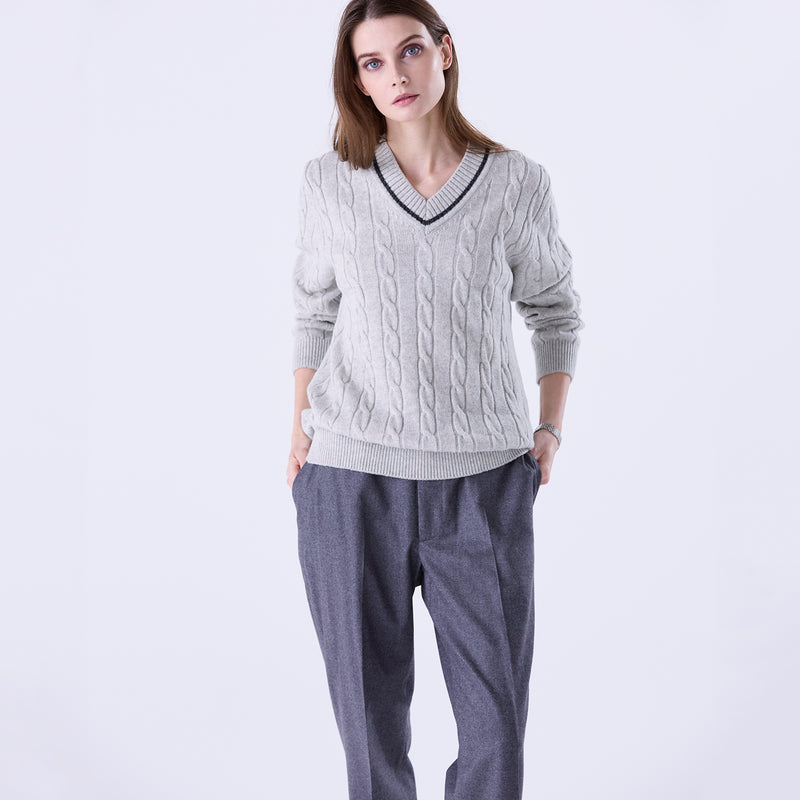 tradi ラムズウールケーブル編みプルオーバー シルバーグレー