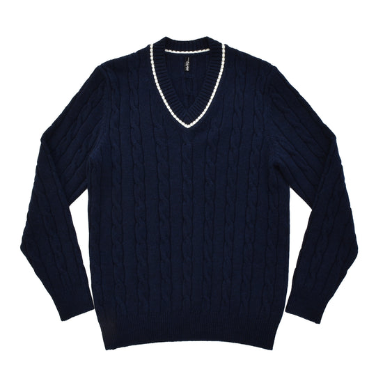 tradi ラムズウールケーブル編みプルオーバー ネイビー