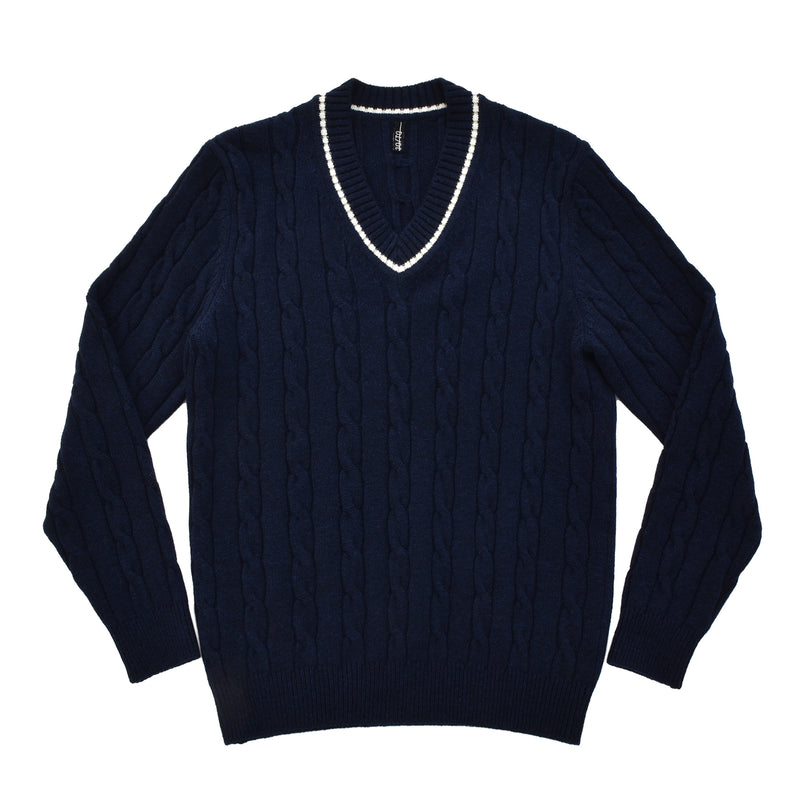 tradi ラムズウールケーブル編みプルオーバー ネイビー