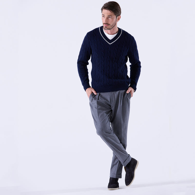 tradi ラムズウールケーブル編みプルオーバー ネイビー