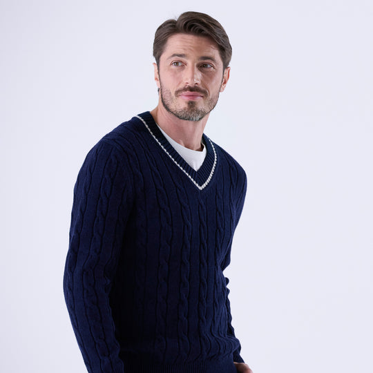 tradi ラムズウールケーブル編みプルオーバー ネイビー