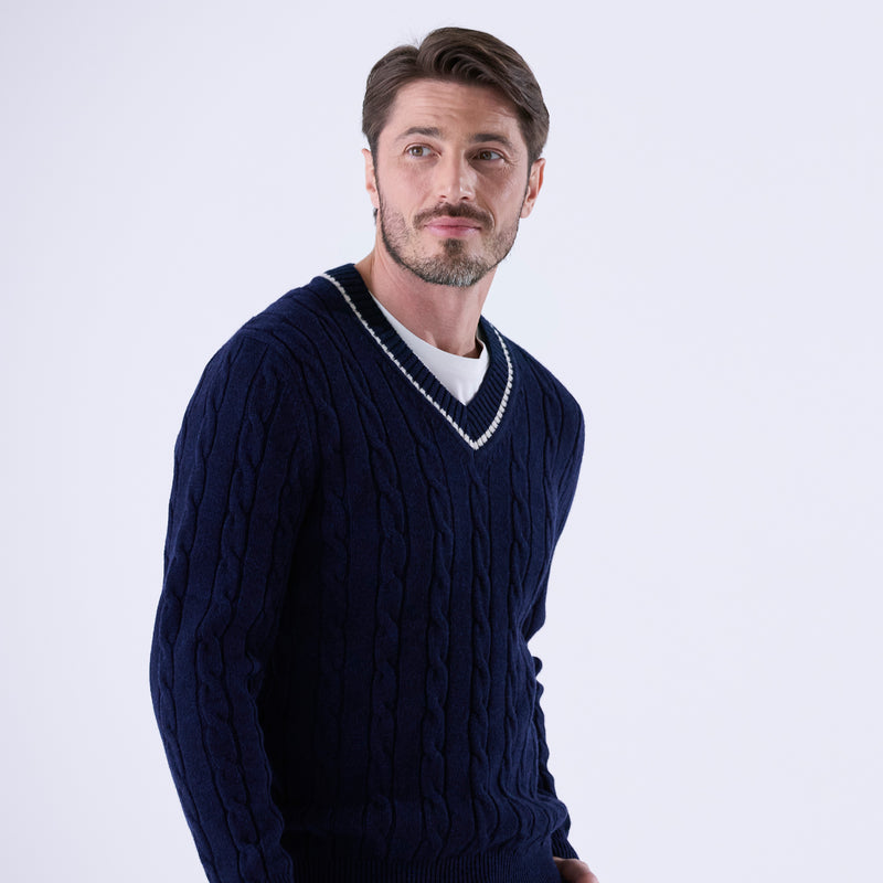 tradi ラムズウールケーブル編みプルオーバー ネイビー