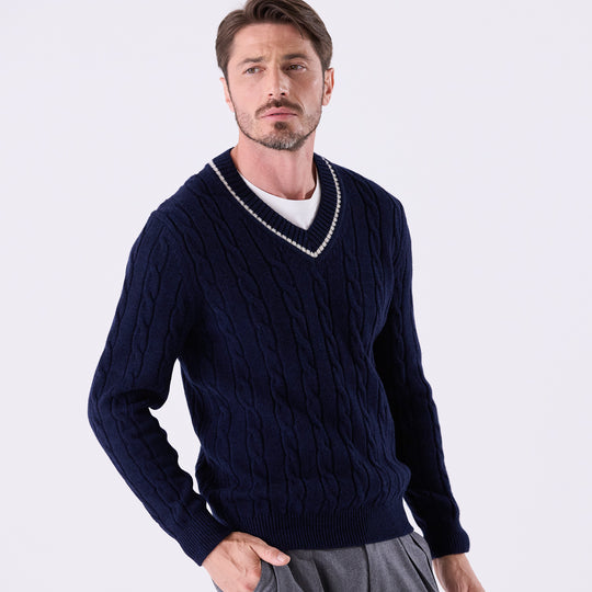 tradi ラムズウールケーブル編みプルオーバー ネイビー