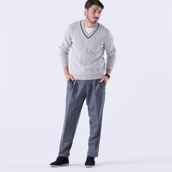 tradi ラムズウールケーブル編みプルオーバー シルバーグレー