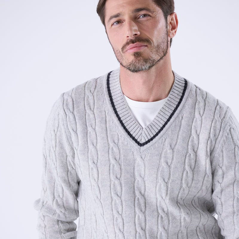 tradi ラムズウールケーブル編みプルオーバー シルバーグレー