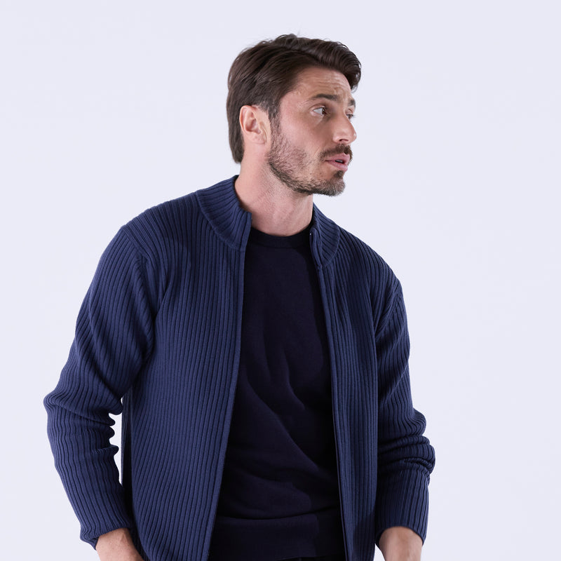 sporta リブ編みZIPカーディガン アイアンブルー
