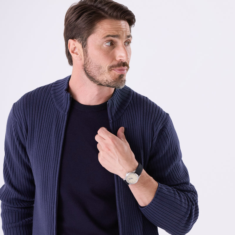 sporta リブ編みZIPカーディガン アイアンブルー