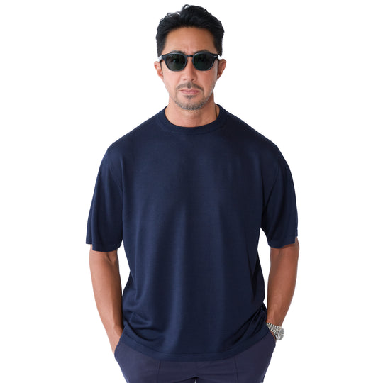 14ゲージウォッシャブルシルク ニットTシャツ ネイビー