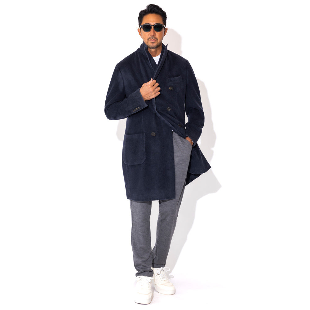 カシミヤ混ガーメントウォッシュダブルブレストコート ネイビー