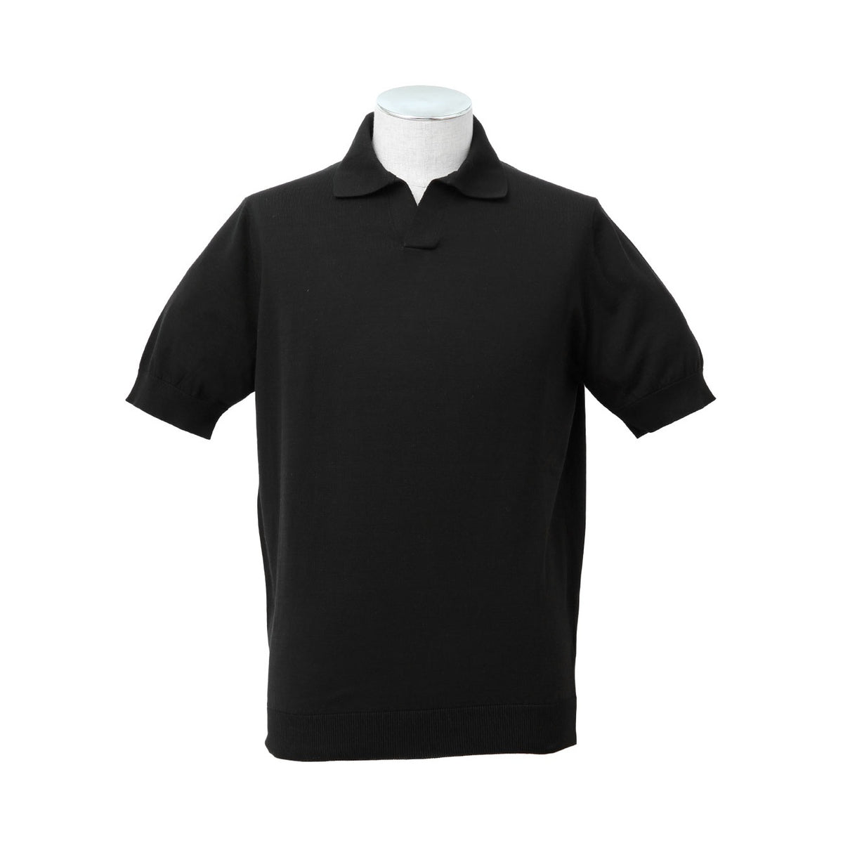 LARDINI ブラック コットン　ショートスリーブポロシャツ クレープコットン ショートスリーブ スキッパーポロ ブラック