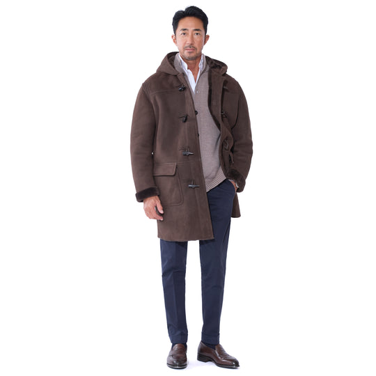 Suede Mouton Duffle Coat Dark Brown