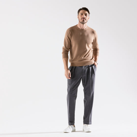 lusso クルーネックセーター18Gスムース シガーベージュ