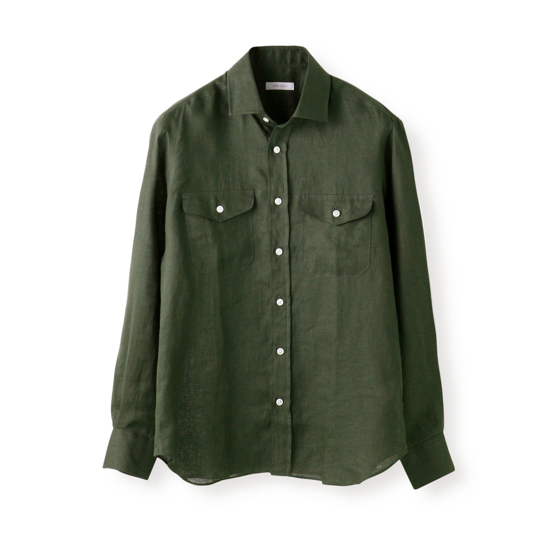 NOT CONVENTIONAL フリルアーミーシャツ フレンチリネン サファリシャツ オリーブ – MINIMAL WARDROBE