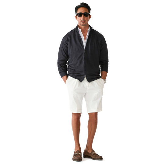 リネンジャージー スタンドカラー ジップアップ ブルゾン ネイビー