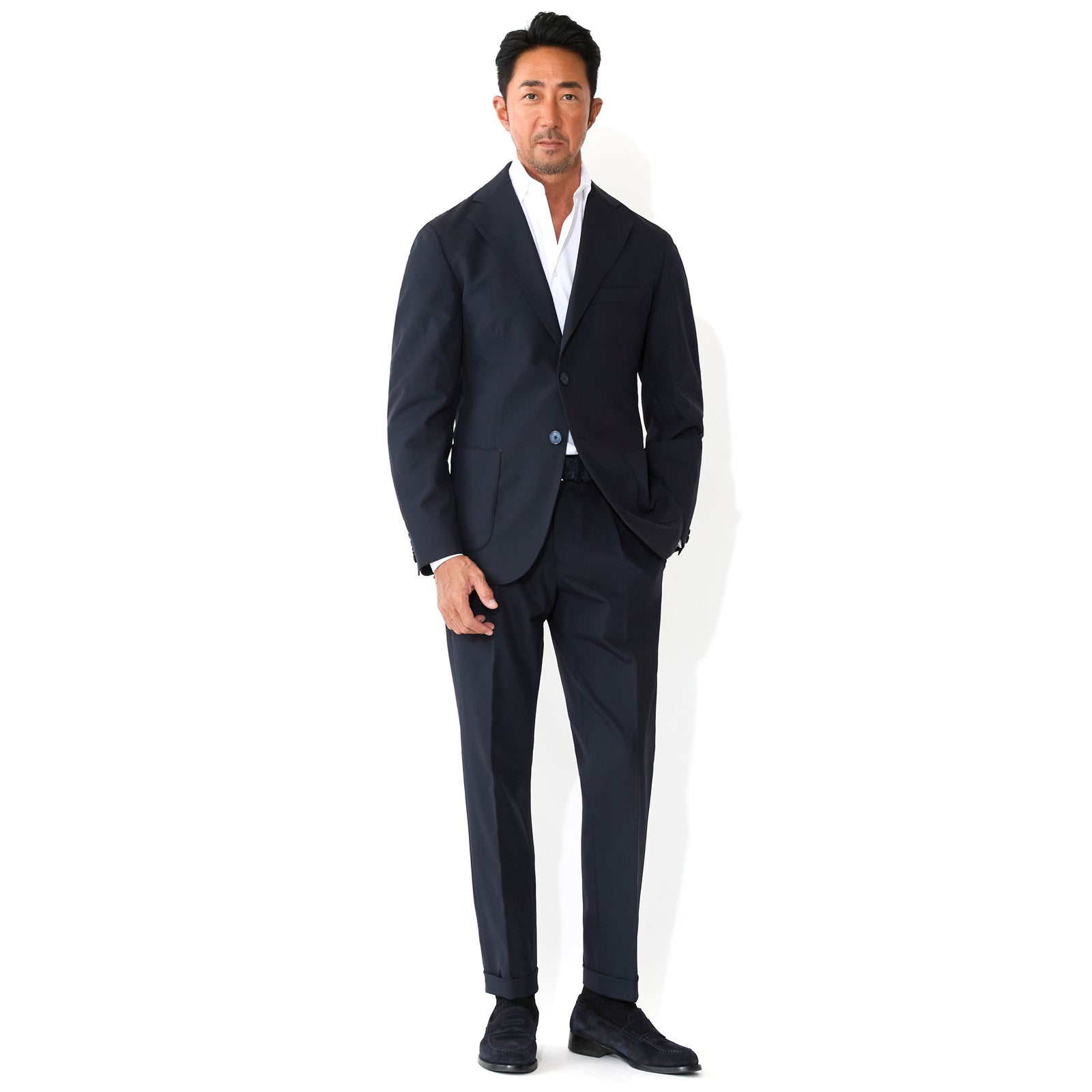 美品　SANTANIELLO ビームス　スーツ ナイロンストレッチ トラベラースーツ ネイビー – MINIMAL WARDROBE