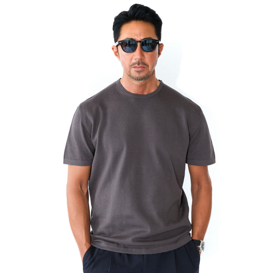 イタリア製コットンニット 半袖クルーネック チャコールグレー