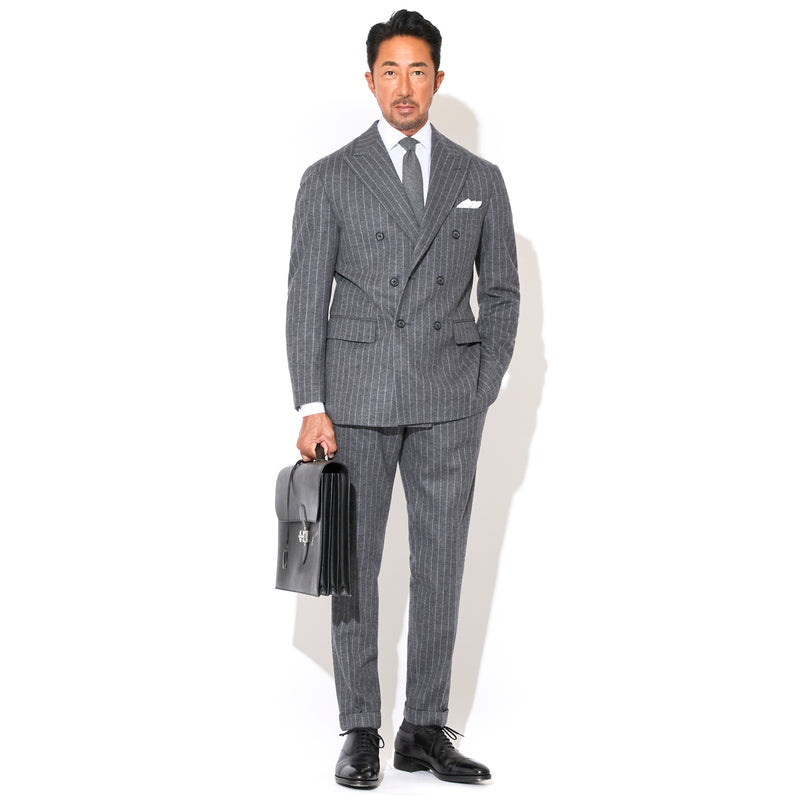 Optima 16.5 Merino Wool Jersey Banker Stripe ダブル6Bクラシックテーラードジャケット グレー