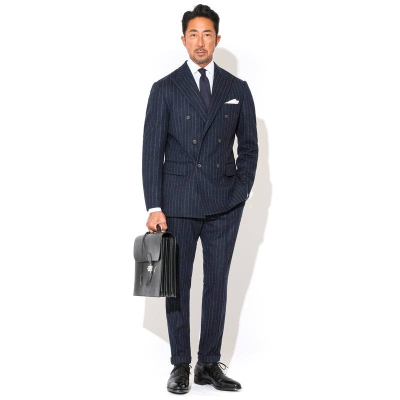 Optima 16.5 Merino Wool Jersey Banker Stripe ダブル6Bクラシックテーラードジャケット ネイビー
