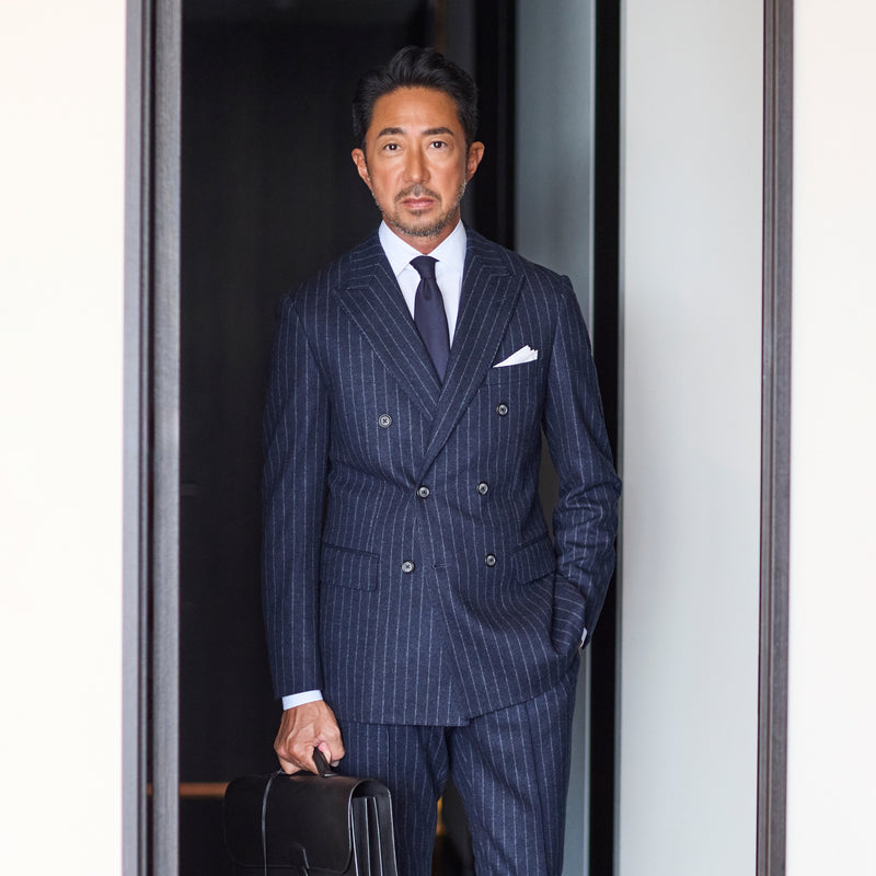 Optima 16.5 Merino Wool Jersey Banker Stripe ダブル6Bクラシックテーラードジャケット ネイビー