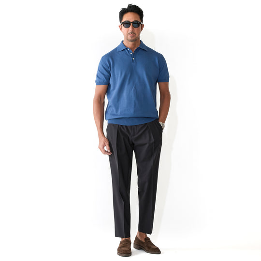 イタリア製コットンニット 半袖ポロ コバルトブルー