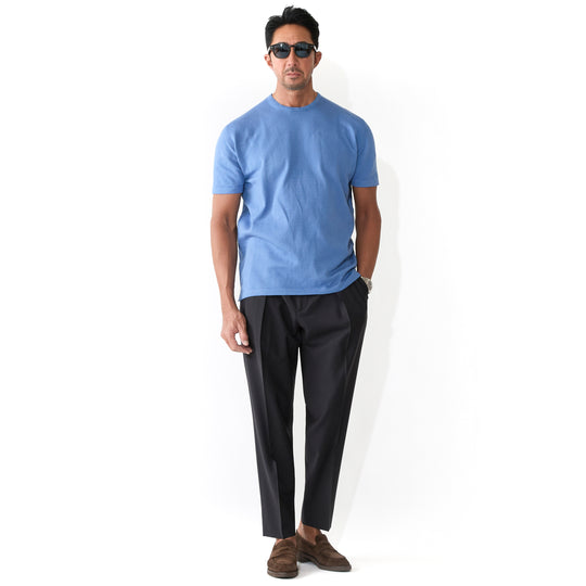 イタリア製コットンニット 半袖クルーネック スカイブルー