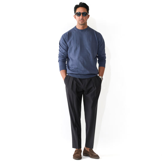 イタリア製コットンニット 長袖クルーネック ブルーグレー