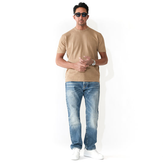 イタリア製コットンニット 半袖クルーネック キャメル