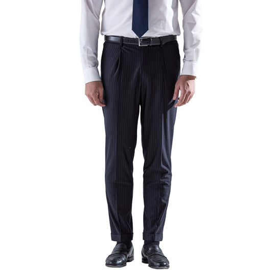 Helix Wool Jersey Banker Stripe サイドギャザースラックス コスモネイビー