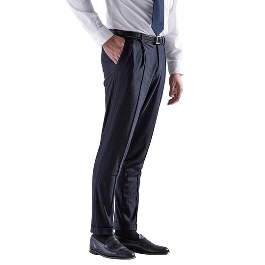 Helix Wool Jersey Banker Stripe サイドギャザースラックス コスモネイビー