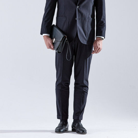 Helix Wool Jersey Banker Stripe サイドギャザースラックス コスモネイビー