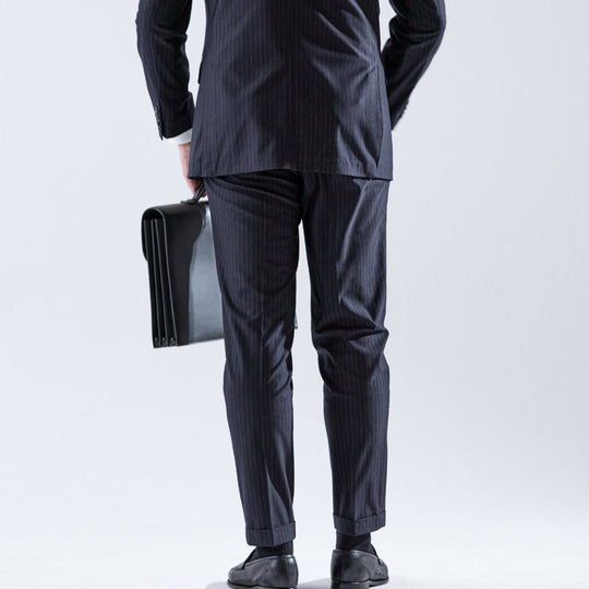 Helix Wool Jersey Banker Stripe サイドギャザースラックス コスモネイビー