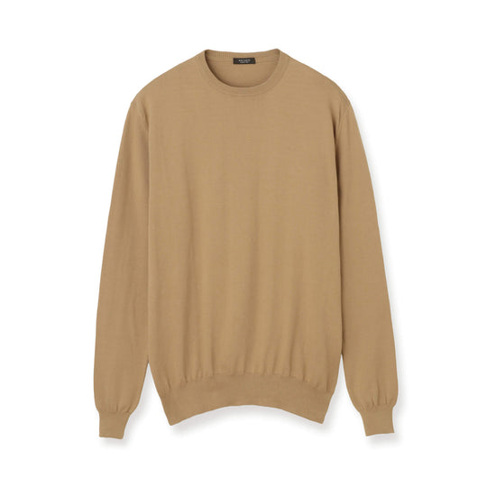 イタリア製 長袖クルーネックコットンニット キャメル