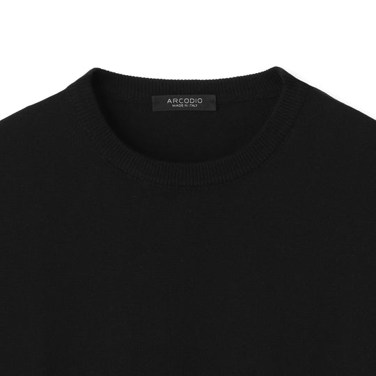 イタリア製 長袖クルーネックコットンニット ブラック