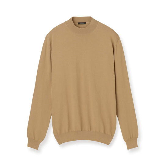 イタリア製 長袖モックネックコットンニット キャメル