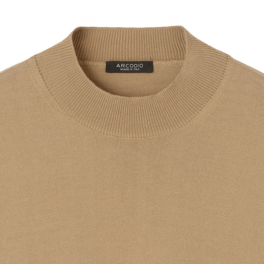 イタリア製 長袖モックネックコットンニット キャメル