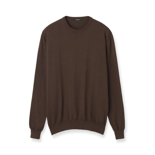 イタリア製 長袖クルーネックコットンニット ブラウン